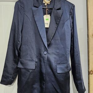 Skies Are Blue Navy Satin Jacket with Gold Chain Detail